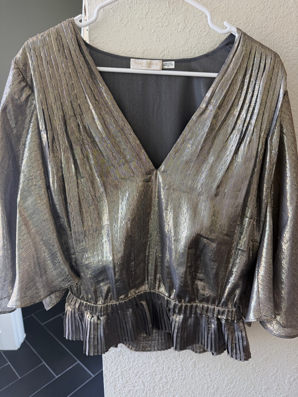 Ramy Brook Shimmery Metallic Pleated V-Neck Blouse in Gold